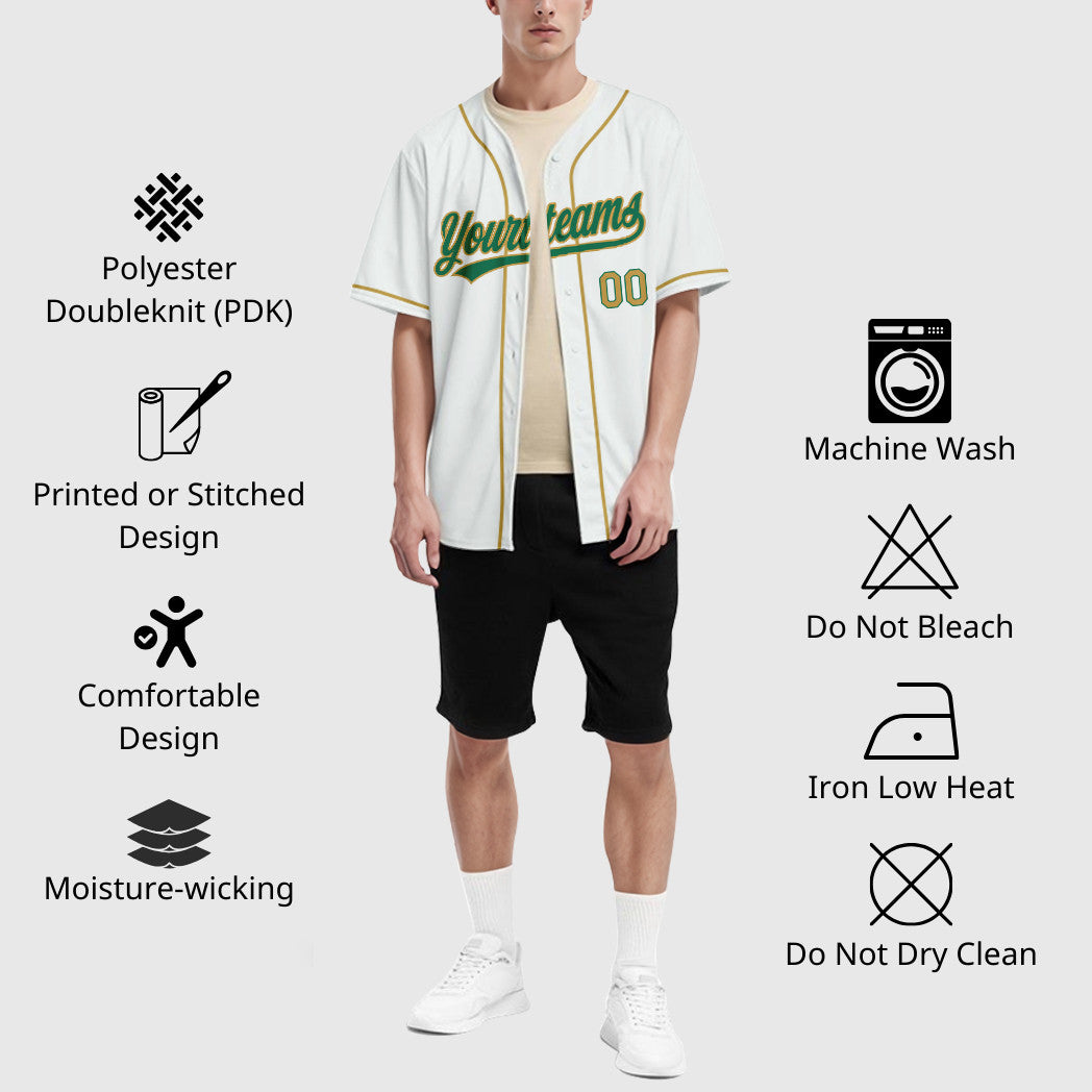Custom White Kelly Green Old Gold Sleeve Baseball Jersey
