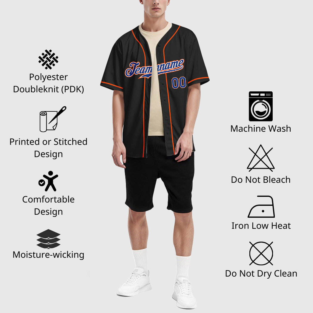 Custom Black Royal Royal-Orange Sleeve Baseball Jersey