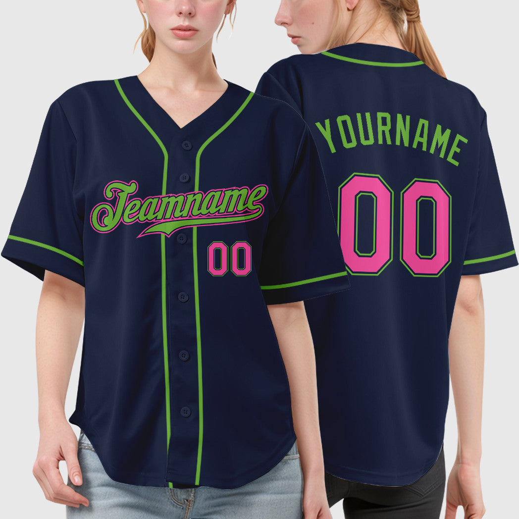 Custom Navy White Pink-Neon Green Sleeve Baseball Jersey