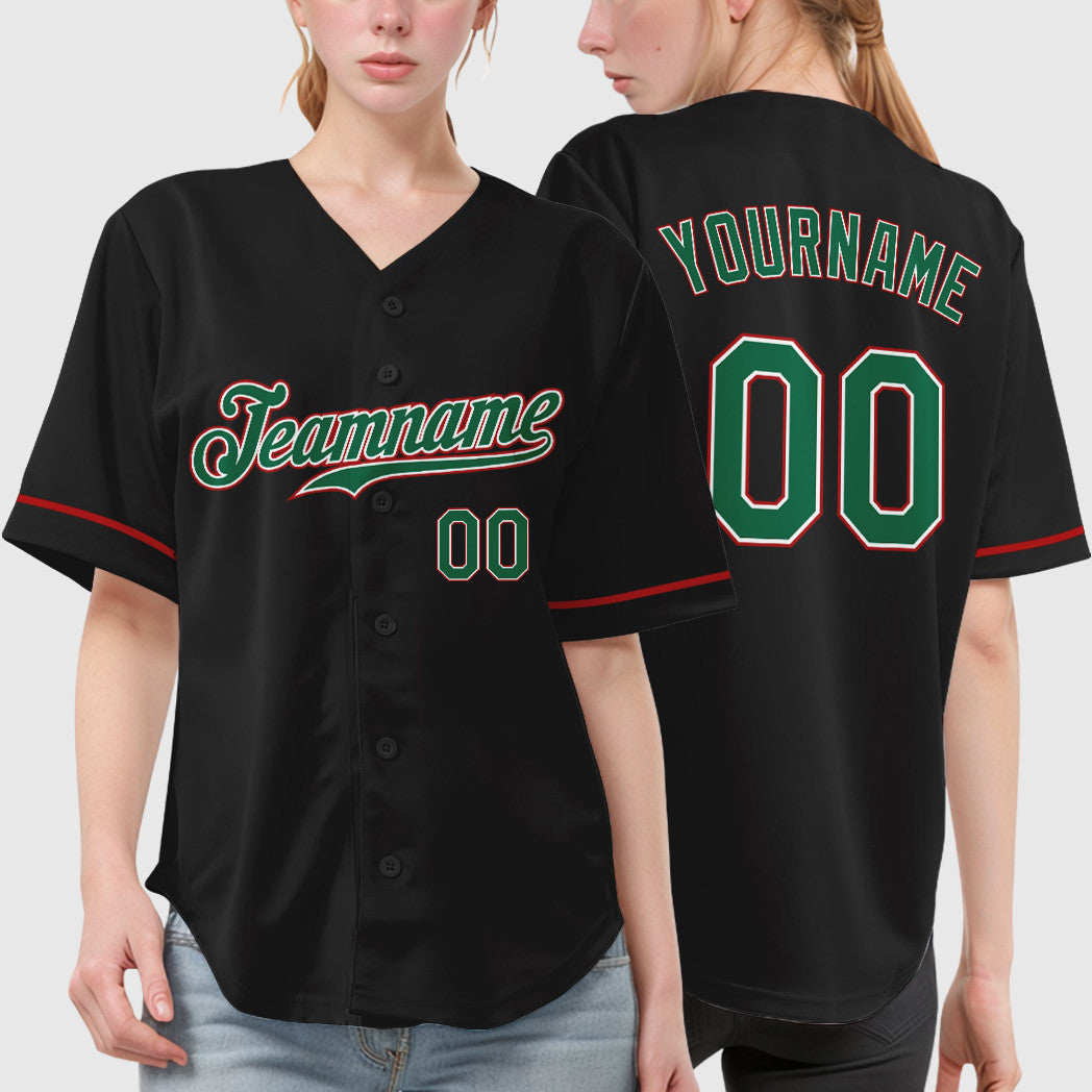 Custom Black Kelly Green Kelly Green-Red Baseball Jersey