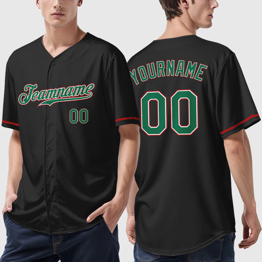 Custom Black Kelly Green Kelly Green-Red Baseball Jersey