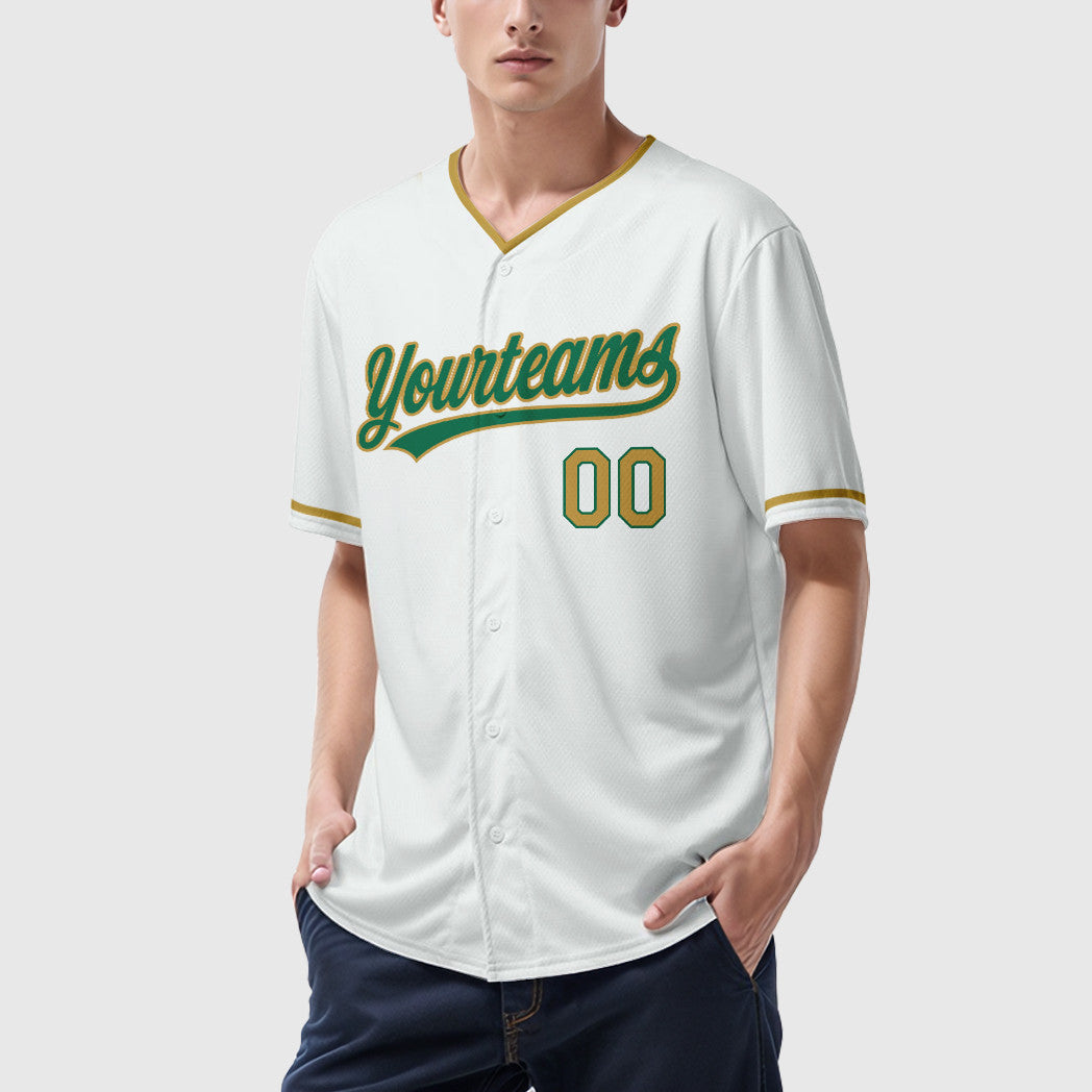 Custom White Kelly Green Old Gold Collar Sleeve Baseball Jersey