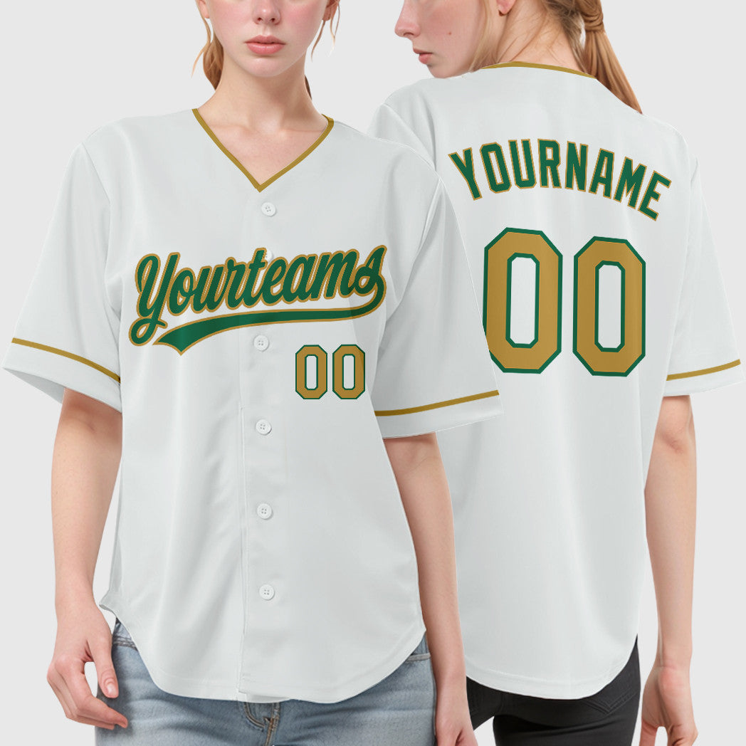 Custom White Kelly Green Old Gold Collar Sleeve Baseball Jersey