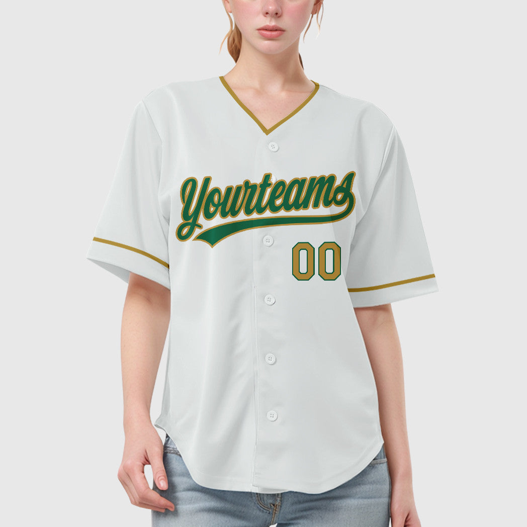 Custom White Kelly Green Old Gold Collar Sleeve Baseball Jersey