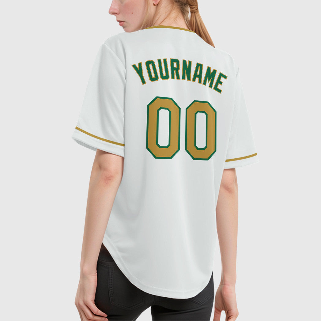 Custom White Kelly Green Old Gold Collar Sleeve Baseball Jersey