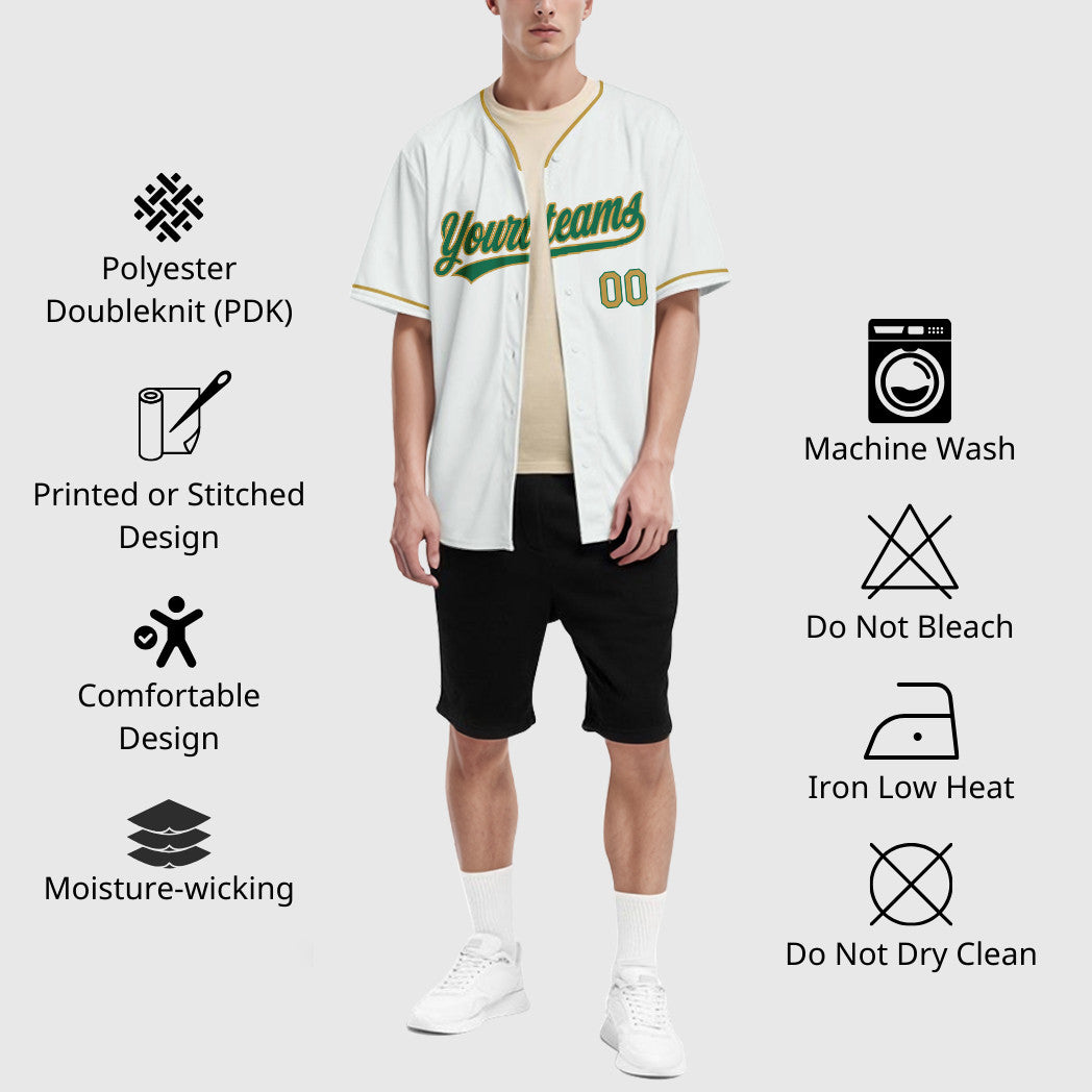 Custom White Kelly Green Old Gold Collar Sleeve Baseball Jersey