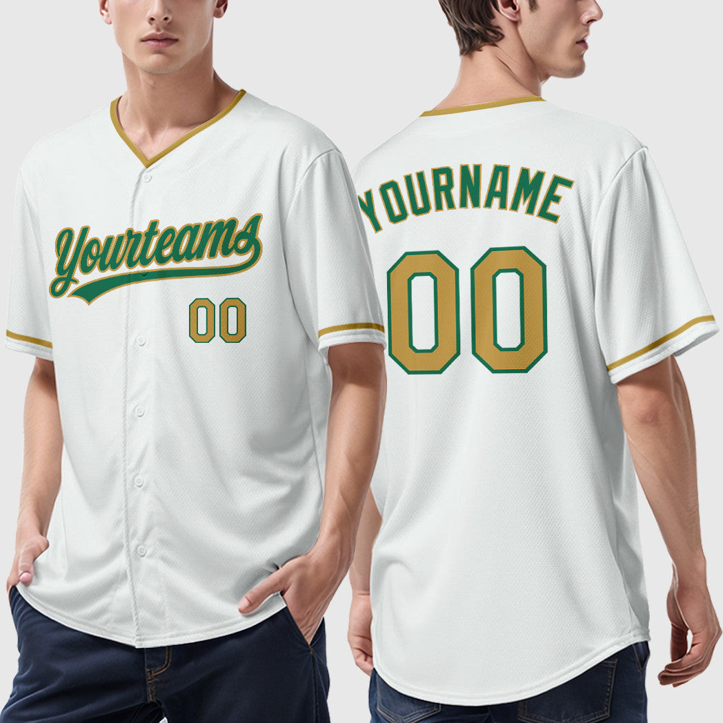 Custom White Kelly Green Old Gold Collar Sleeve Baseball Jersey
