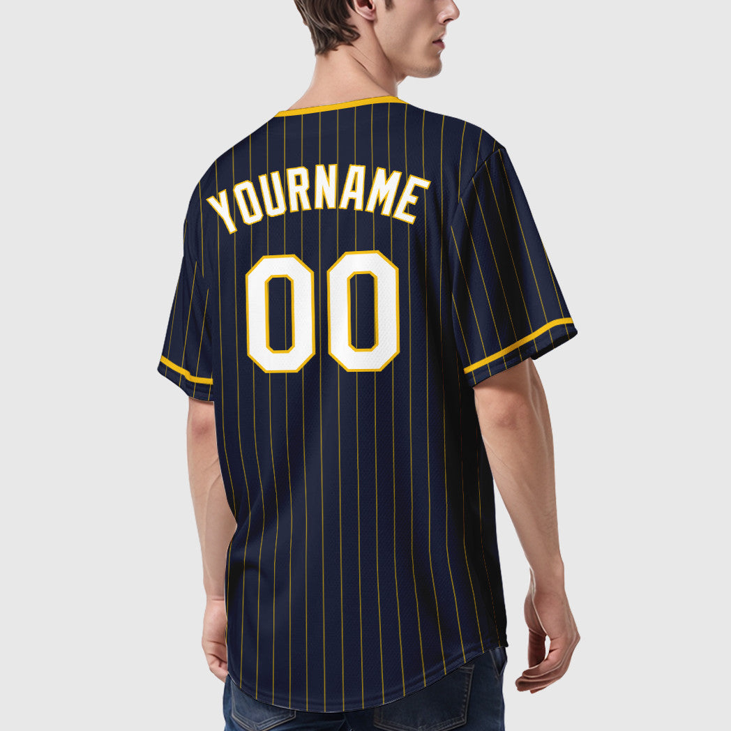 Custom Navy Yellow White Pinstripe Baseball Jersey