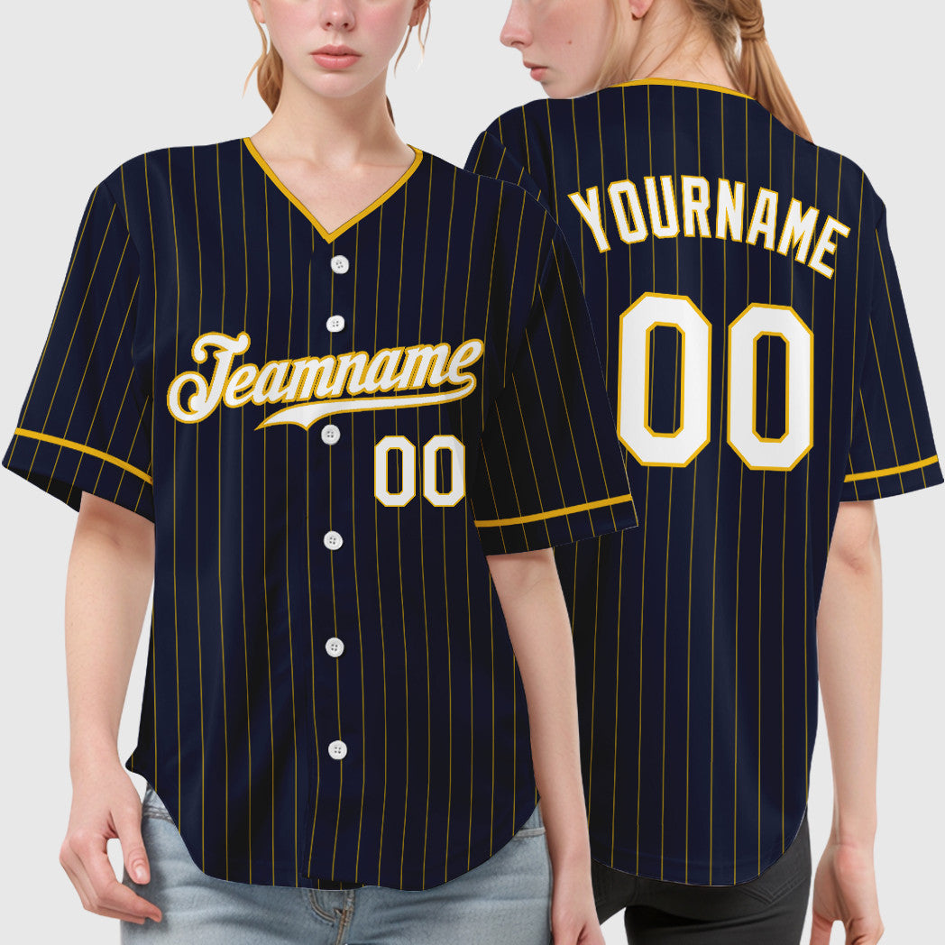 Custom Navy Yellow White Pinstripe Baseball Jersey