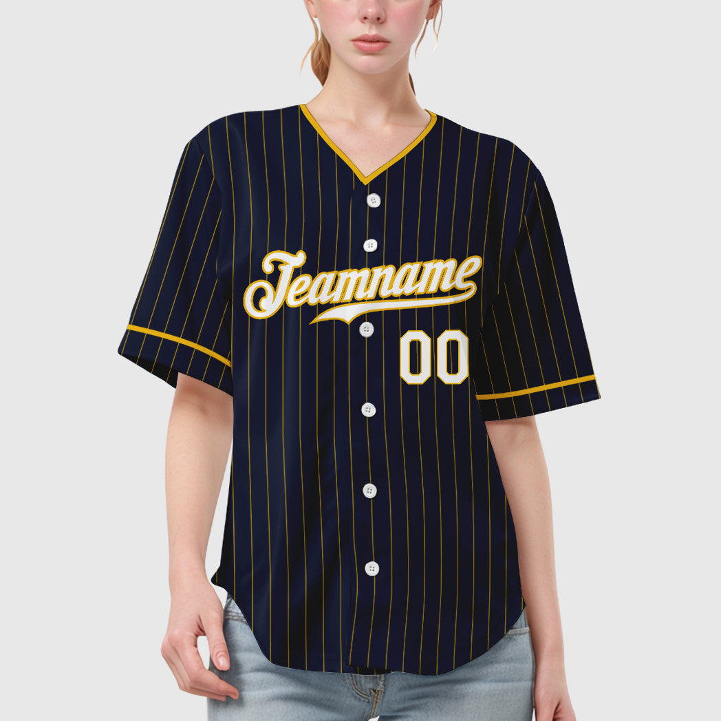 Custom Navy Yellow White Pinstripe Baseball Jersey