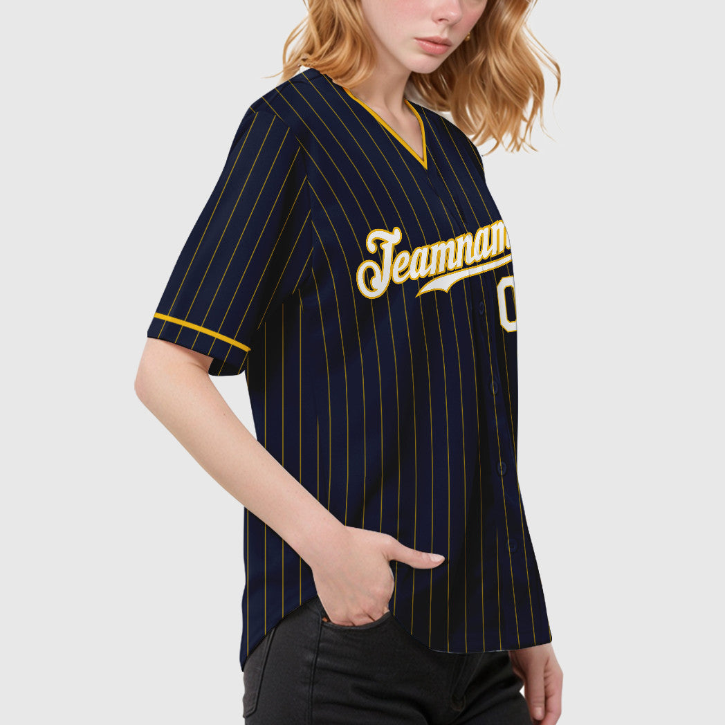 Custom Navy Yellow White Pinstripe Baseball Jersey