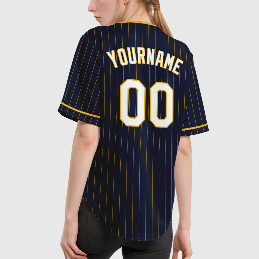 Custom Navy Yellow White Pinstripe Baseball Jersey