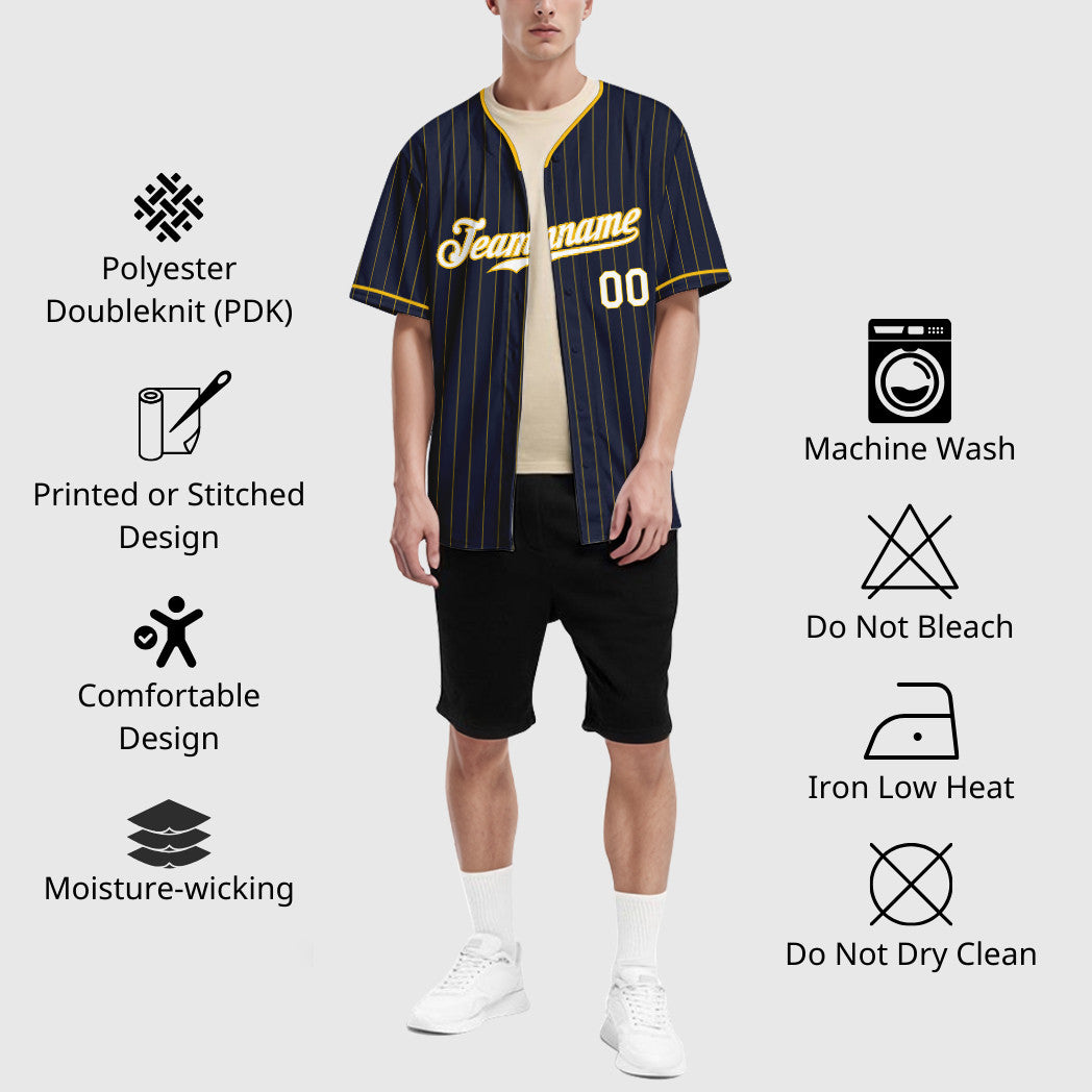 Custom Navy Yellow White Pinstripe Baseball Jersey