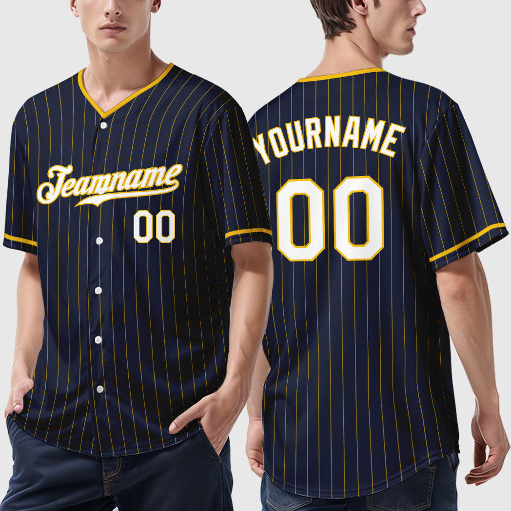 Custom Navy Yellow White Pinstripe Baseball Jersey