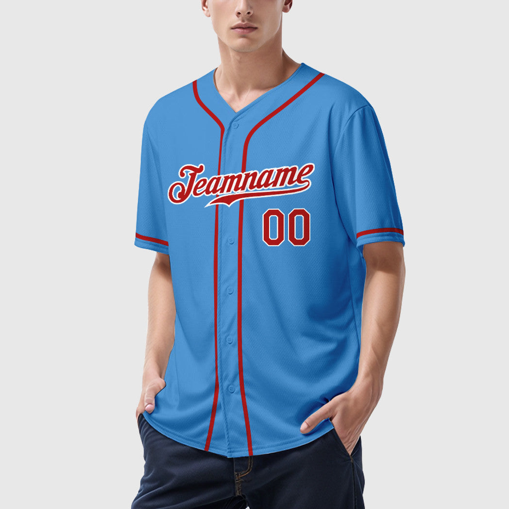 Custom Powder Blue White Red-White Sleeve Baseball Jersey