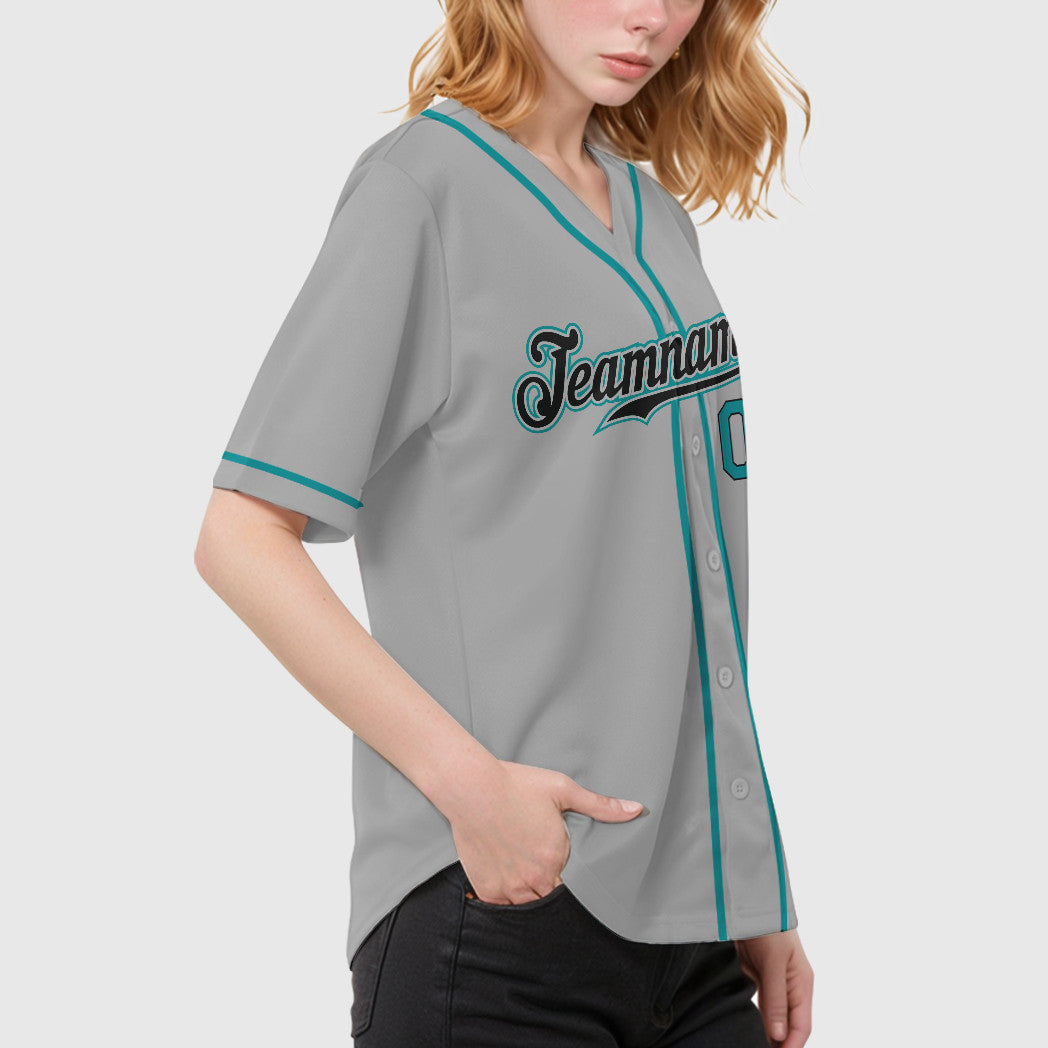Custom Gray Black Teal Sleeve Baseball Jersey