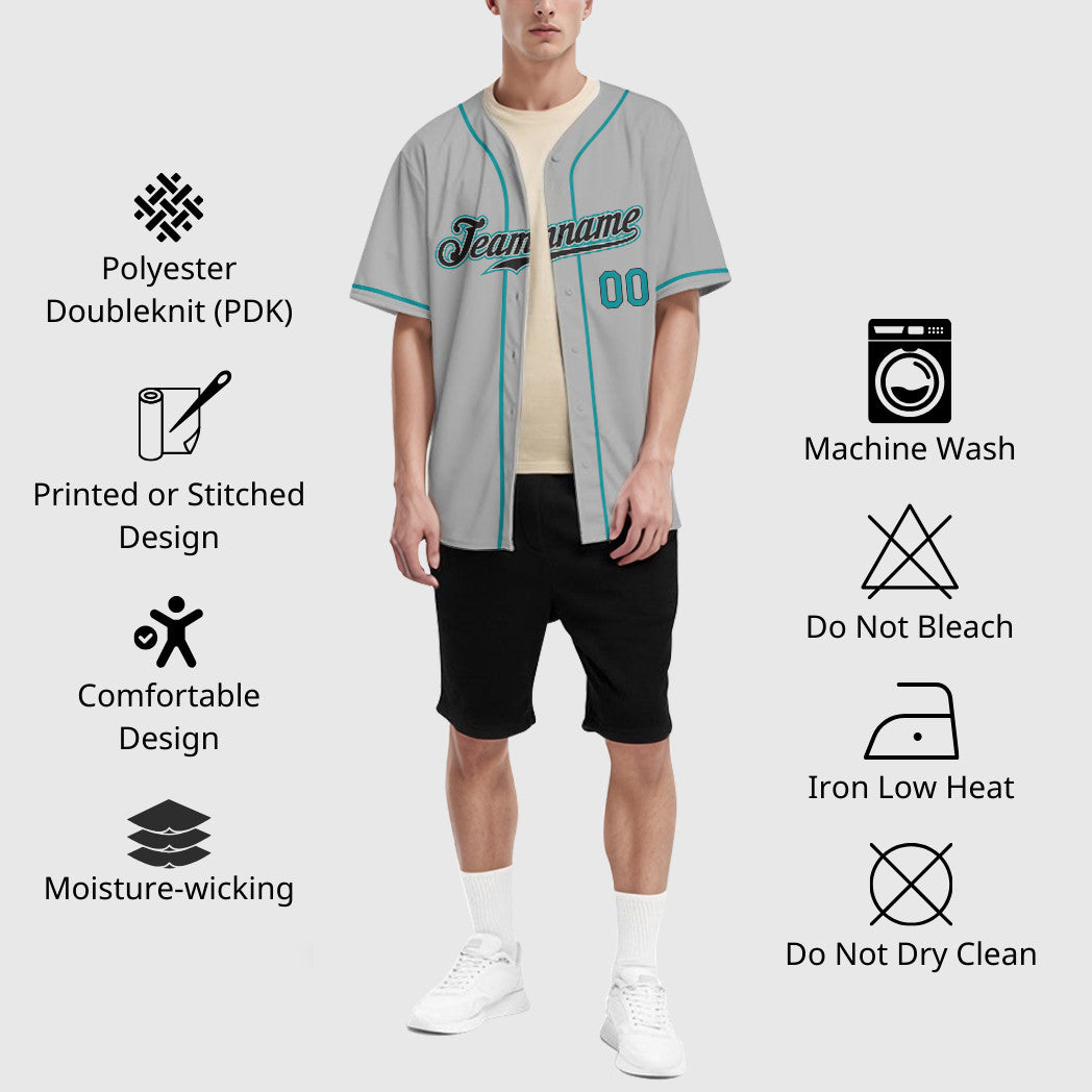 Custom Gray Black Teal Sleeve Baseball Jersey
