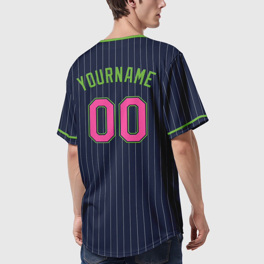 Custom Navy White Pink-Neon Green Pinstripe Baseball Jersey