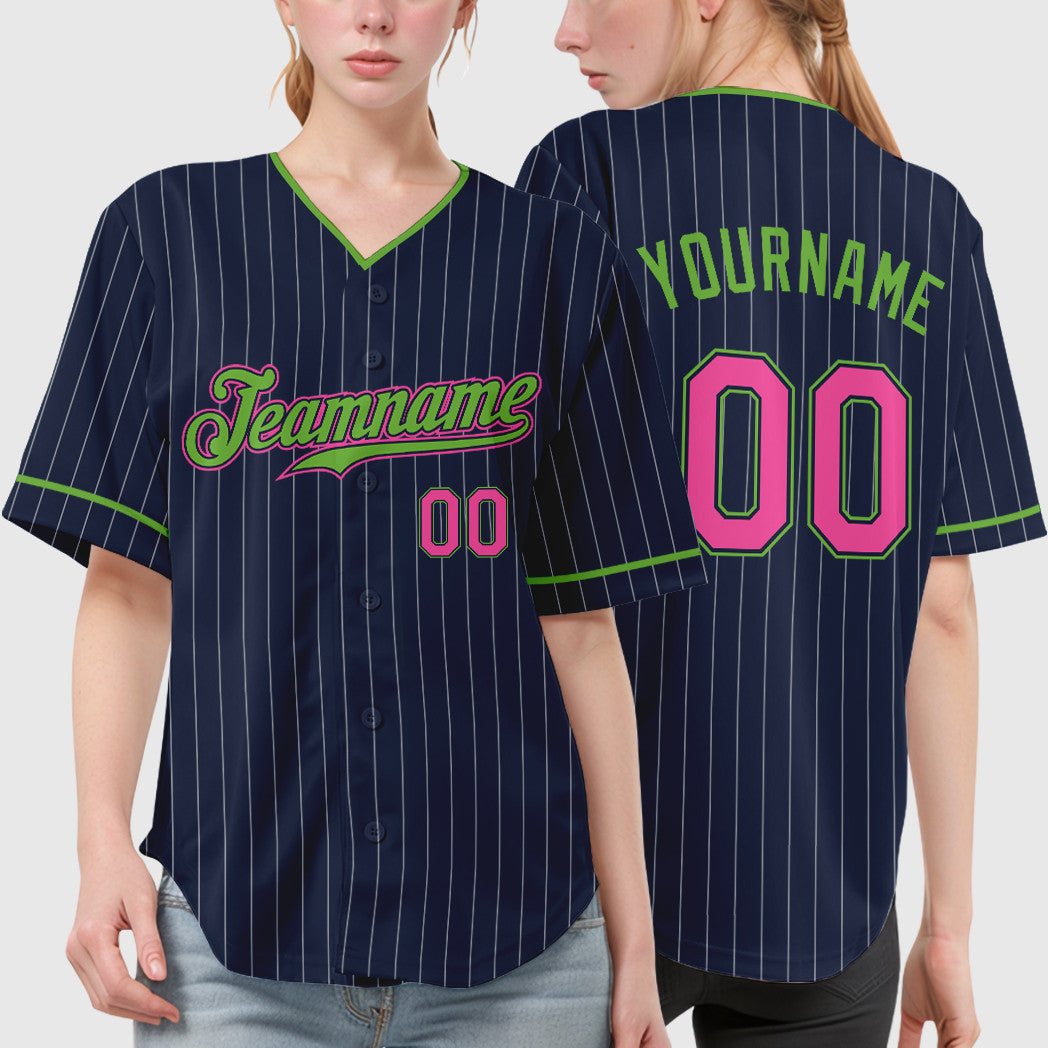 Custom Navy White Pink-Neon Green Pinstripe Baseball Jersey