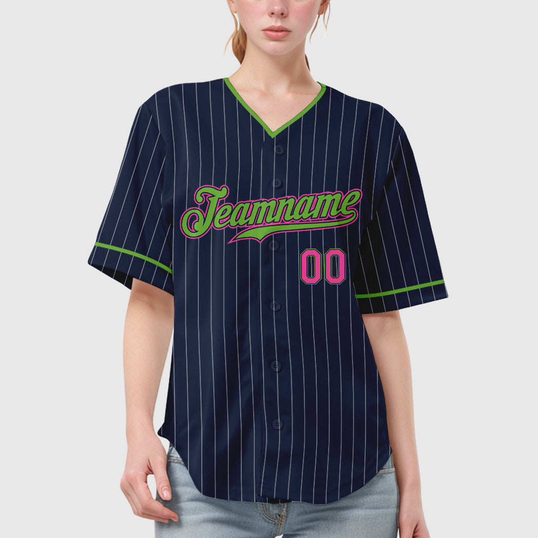 Custom Navy White Pink-Neon Green Pinstripe Baseball Jersey