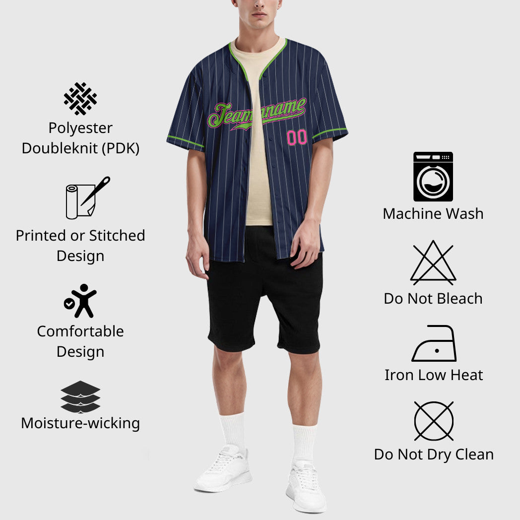 Custom Navy White Pink-Neon Green Pinstripe Baseball Jersey