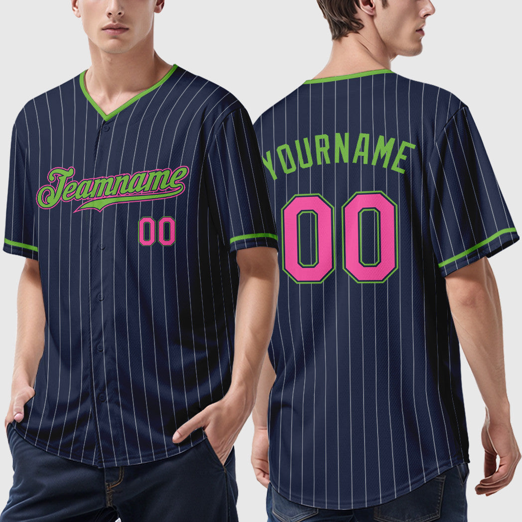 Custom Navy White Pink-Neon Green Pinstripe Baseball Jersey