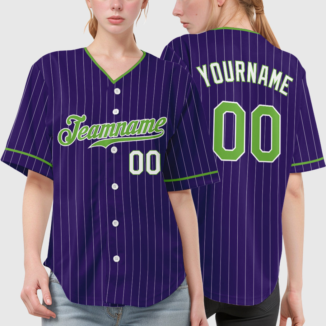 Custom Purple White Neon Green-White Pinstripe Baseball Jersey