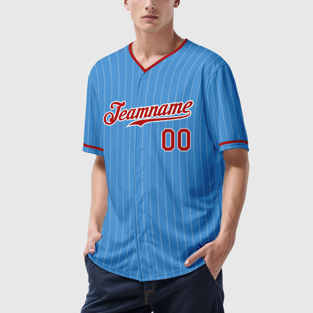 Custom Powder Blue White Red-White Pinstripe Baseball Jersey
