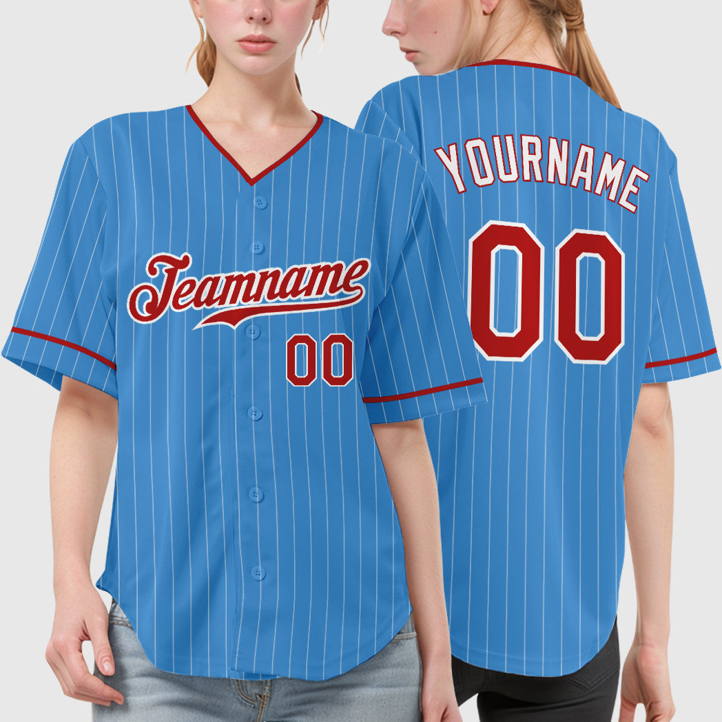 Custom Powder Blue White Red-White Pinstripe Baseball Jersey