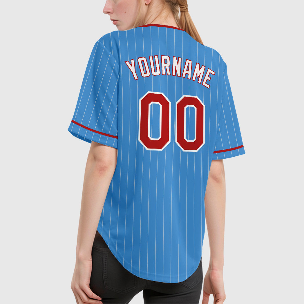 Custom Powder Blue White Red-White Pinstripe Baseball Jersey