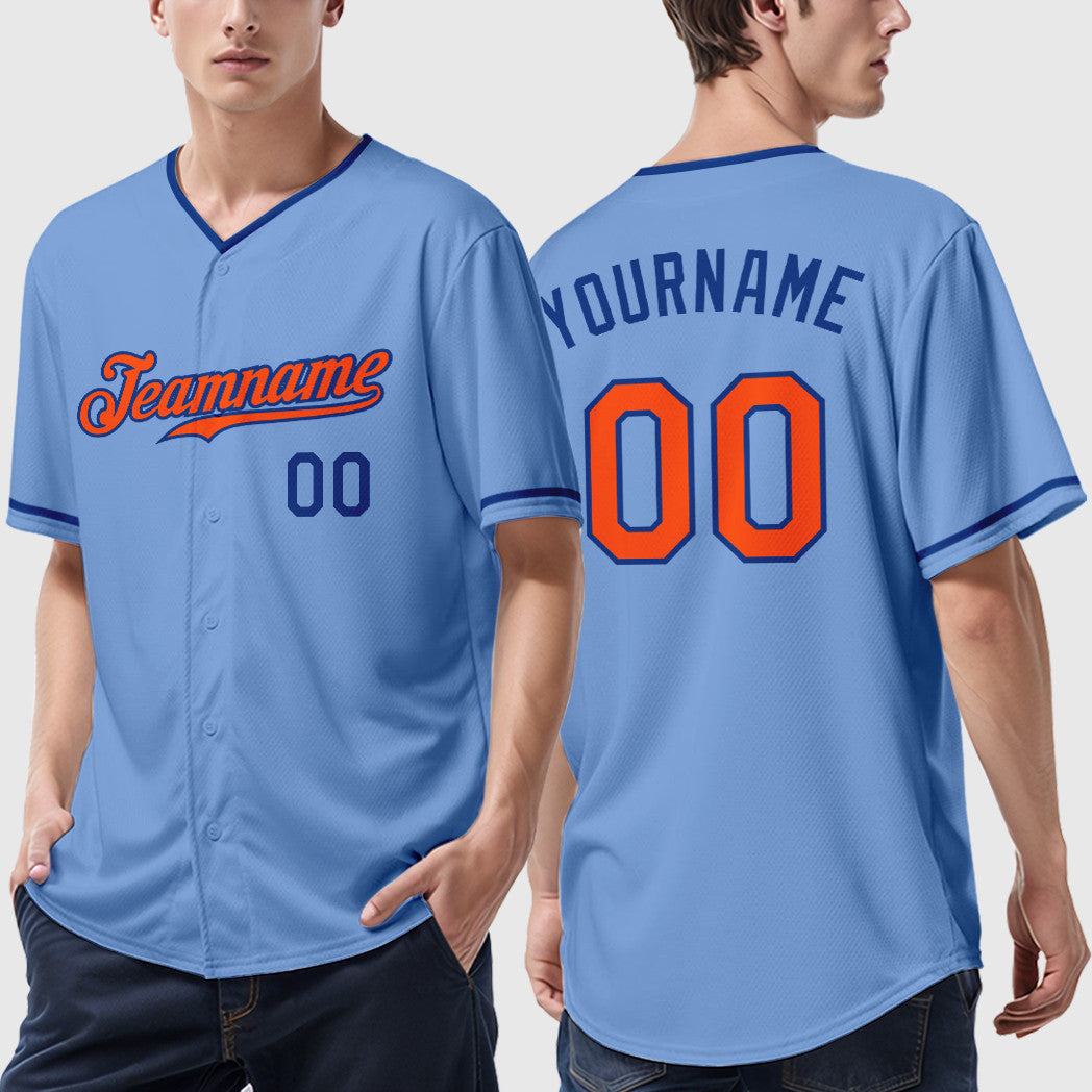Custom Light Blue Orange Orange-Royal Collar Sleeve Baseball Jersey