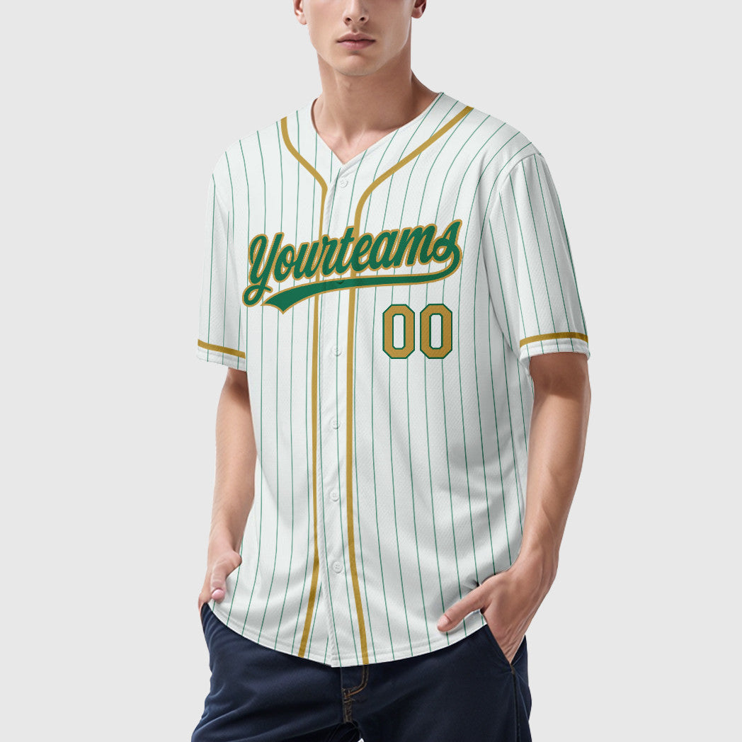 Custom White Kelly Green Old Gold Piping Pinstripe Baseball Jersey