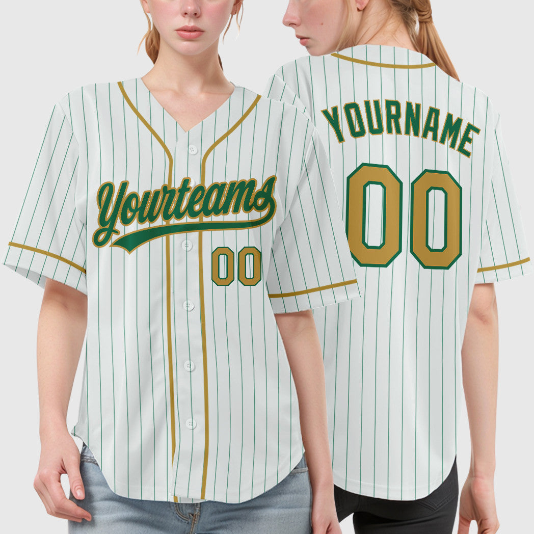Custom White Kelly Green Old Gold Piping Pinstripe Baseball Jersey