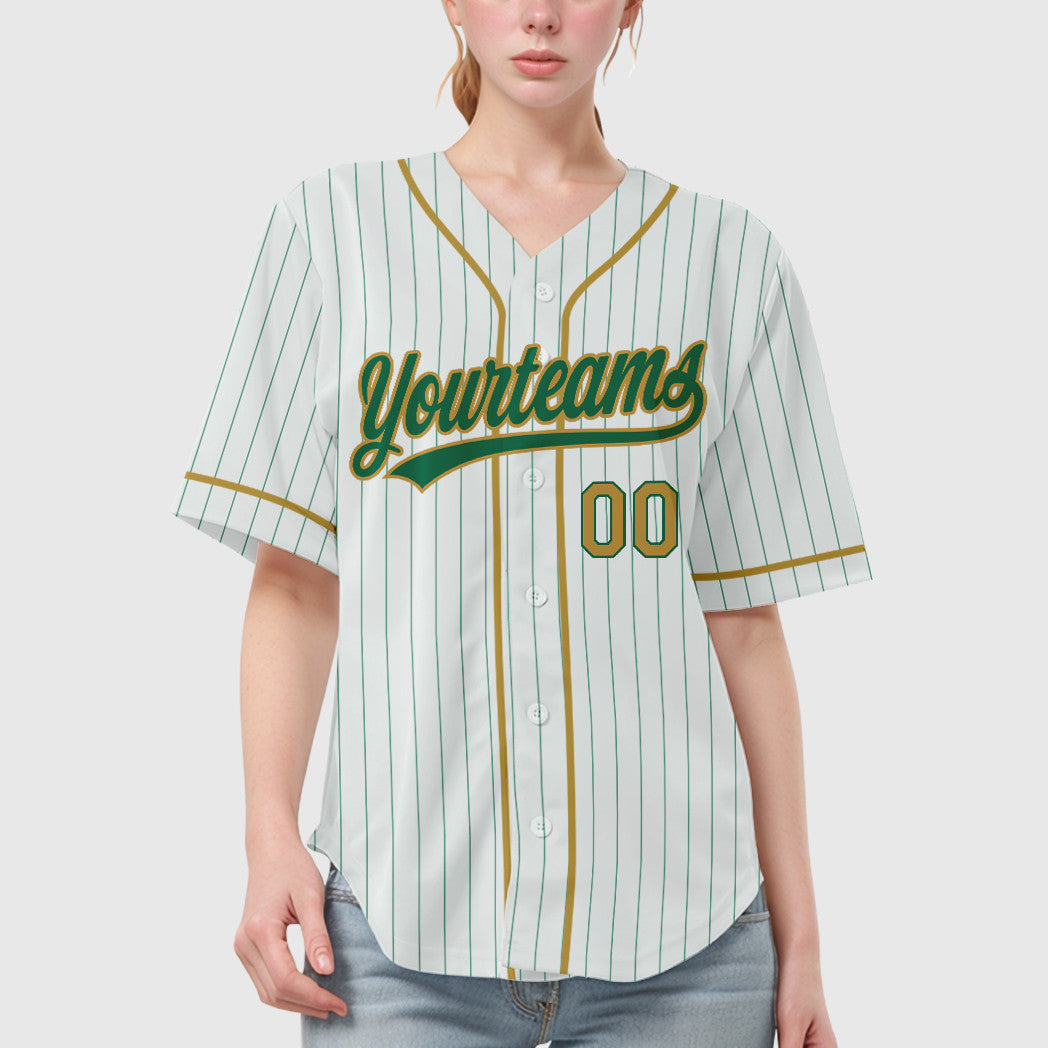 Custom White Kelly Green Old Gold Piping Pinstripe Baseball Jersey