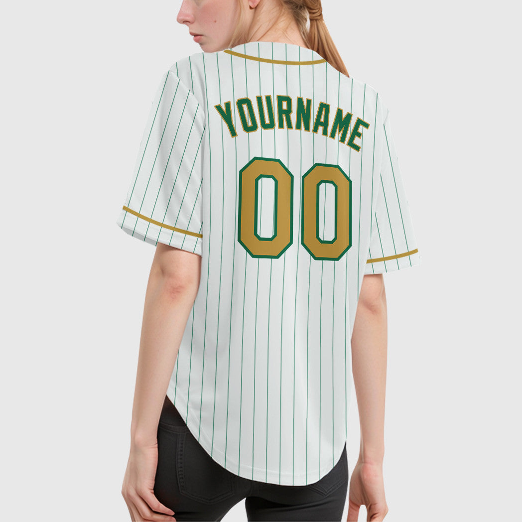 Custom White Kelly Green Old Gold Piping Pinstripe Baseball Jersey