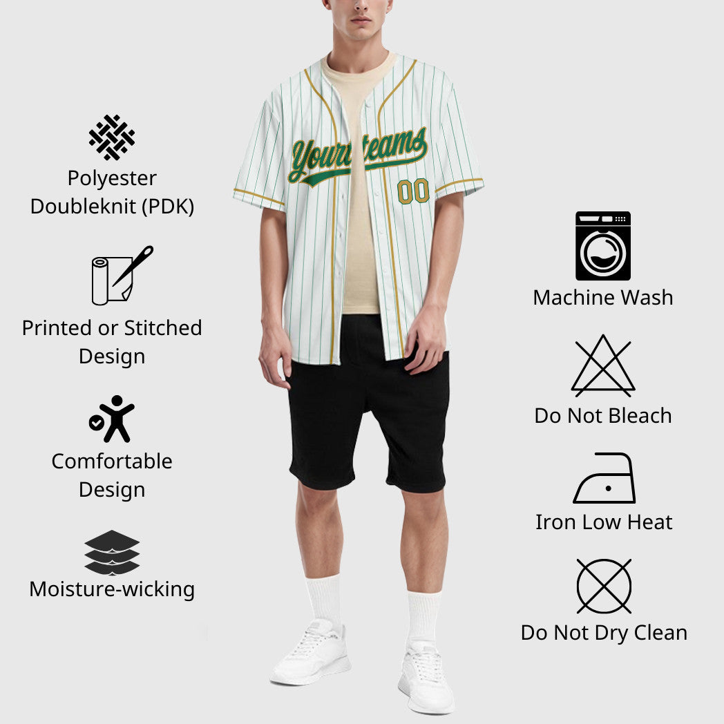 Custom White Kelly Green Old Gold Piping Pinstripe Baseball Jersey