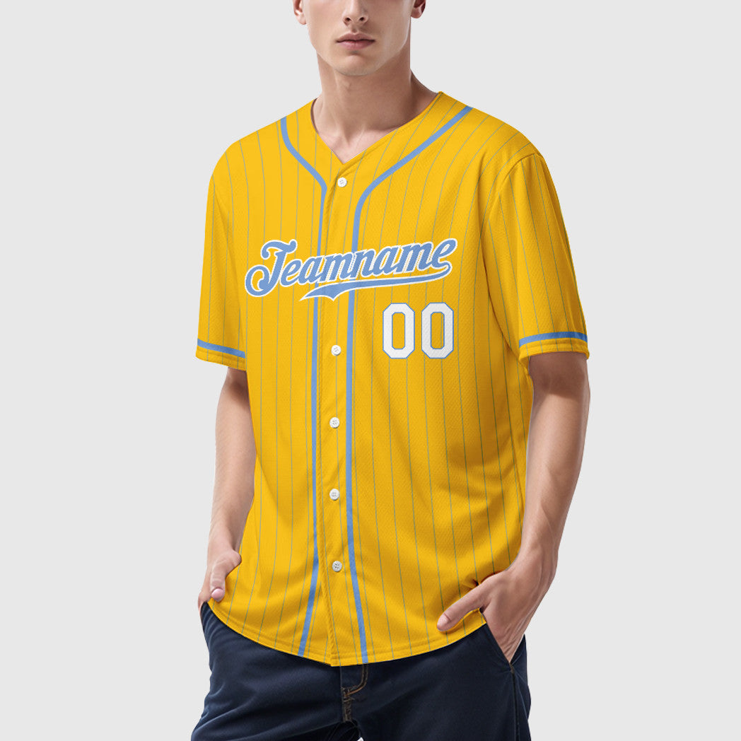 Custom Yellow Light Blue Light Blue-White Piping Pinstripe Baseball Jersey