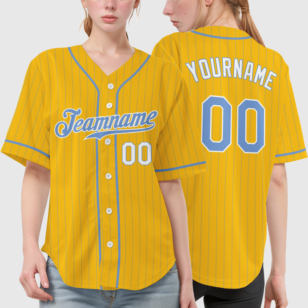 Custom Yellow Light Blue Light Blue-White Piping Pinstripe Baseball Jersey