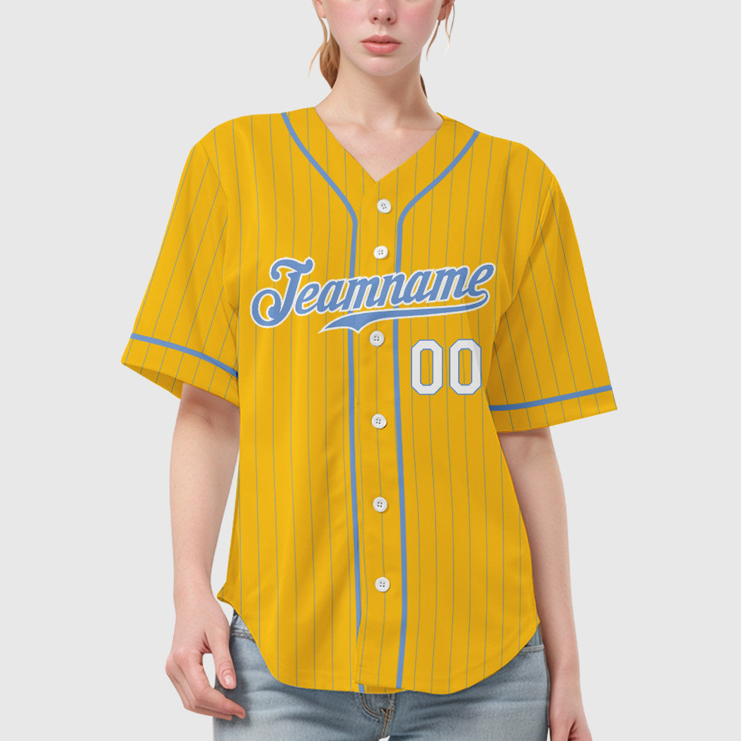 Custom Yellow Light Blue Light Blue-White Piping Pinstripe Baseball Jersey