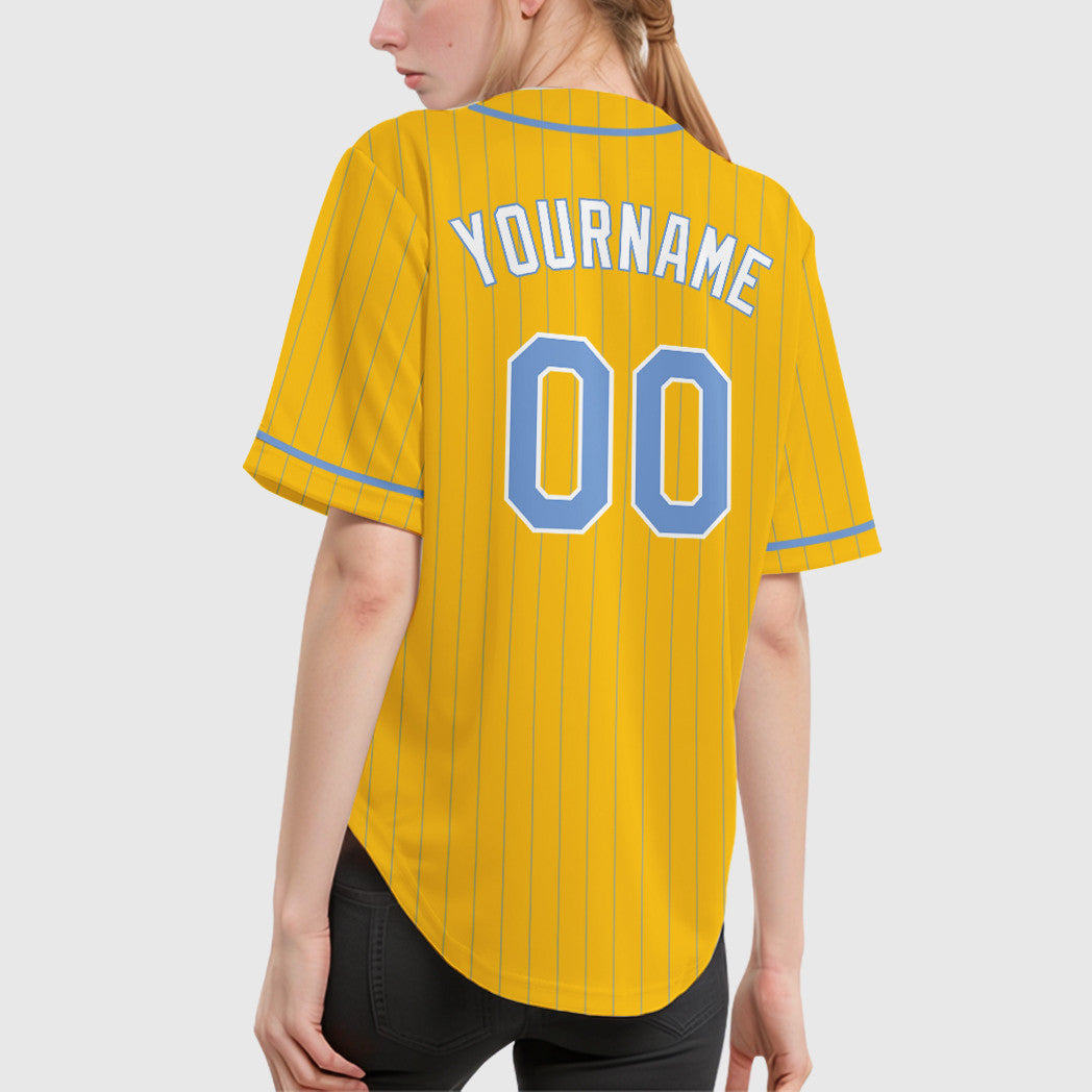 Custom Yellow Light Blue Light Blue-White Piping Pinstripe Baseball Jersey