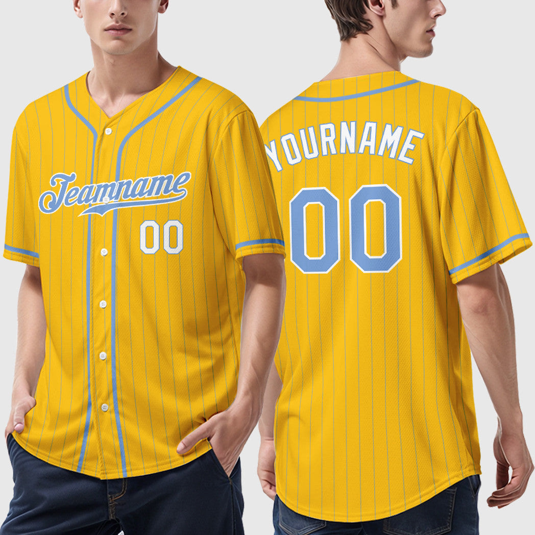 Custom Yellow Light Blue Light Blue-White Piping Pinstripe Baseball Jersey