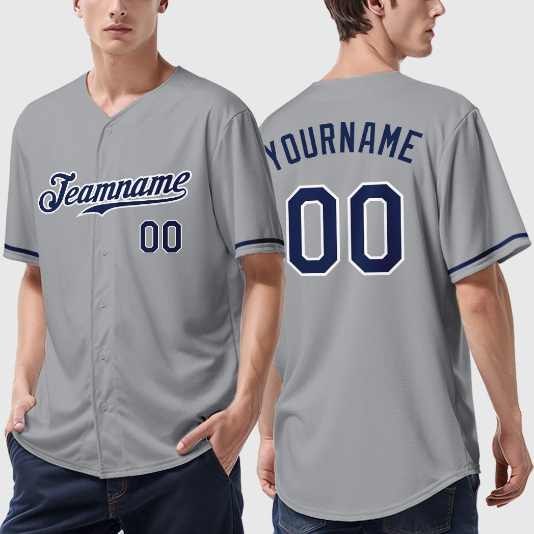 Custom Gray Navy Navy-White Baseball Jersey