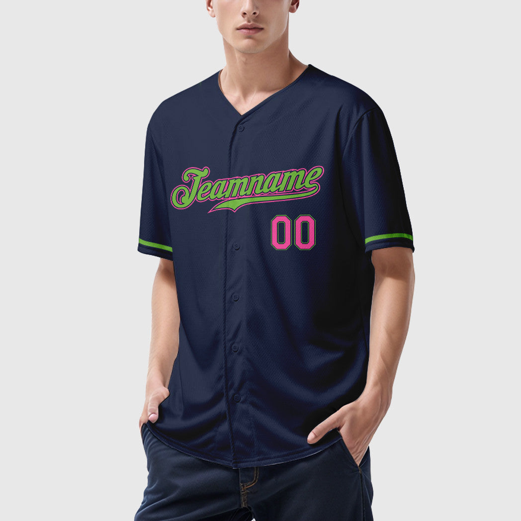 Custom Navy White Pink-Neon Green Baseball Jersey