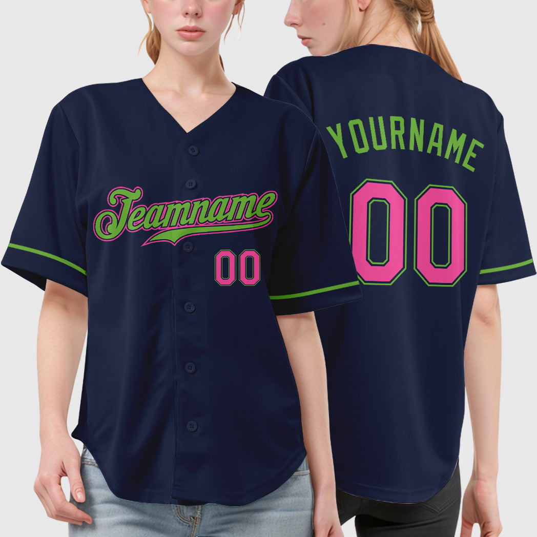Custom Navy White Pink-Neon Green Baseball Jersey