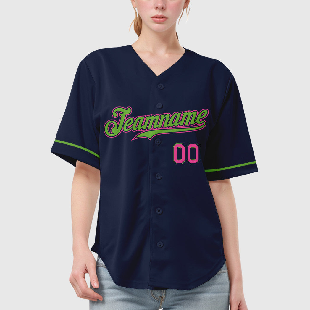Custom Navy White Pink-Neon Green Baseball Jersey