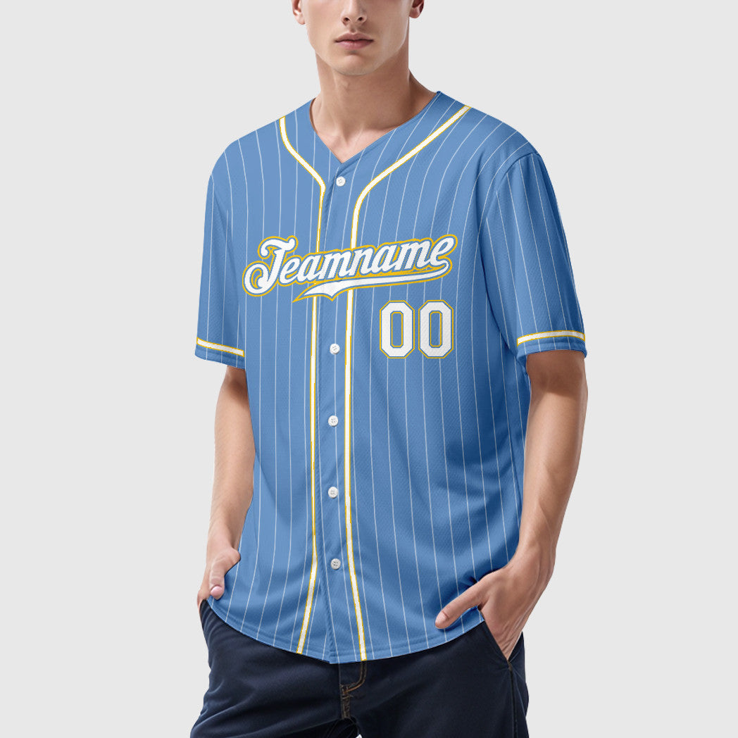 Custom Light Blue White White-Gold Piping Pinstripe Baseball Jersey