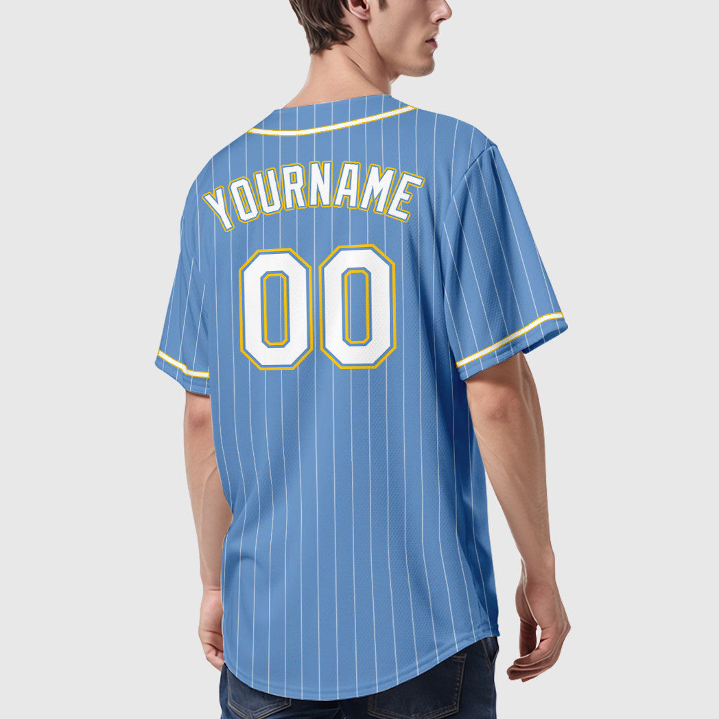 Custom Light Blue White White-Gold Piping Pinstripe Baseball Jersey