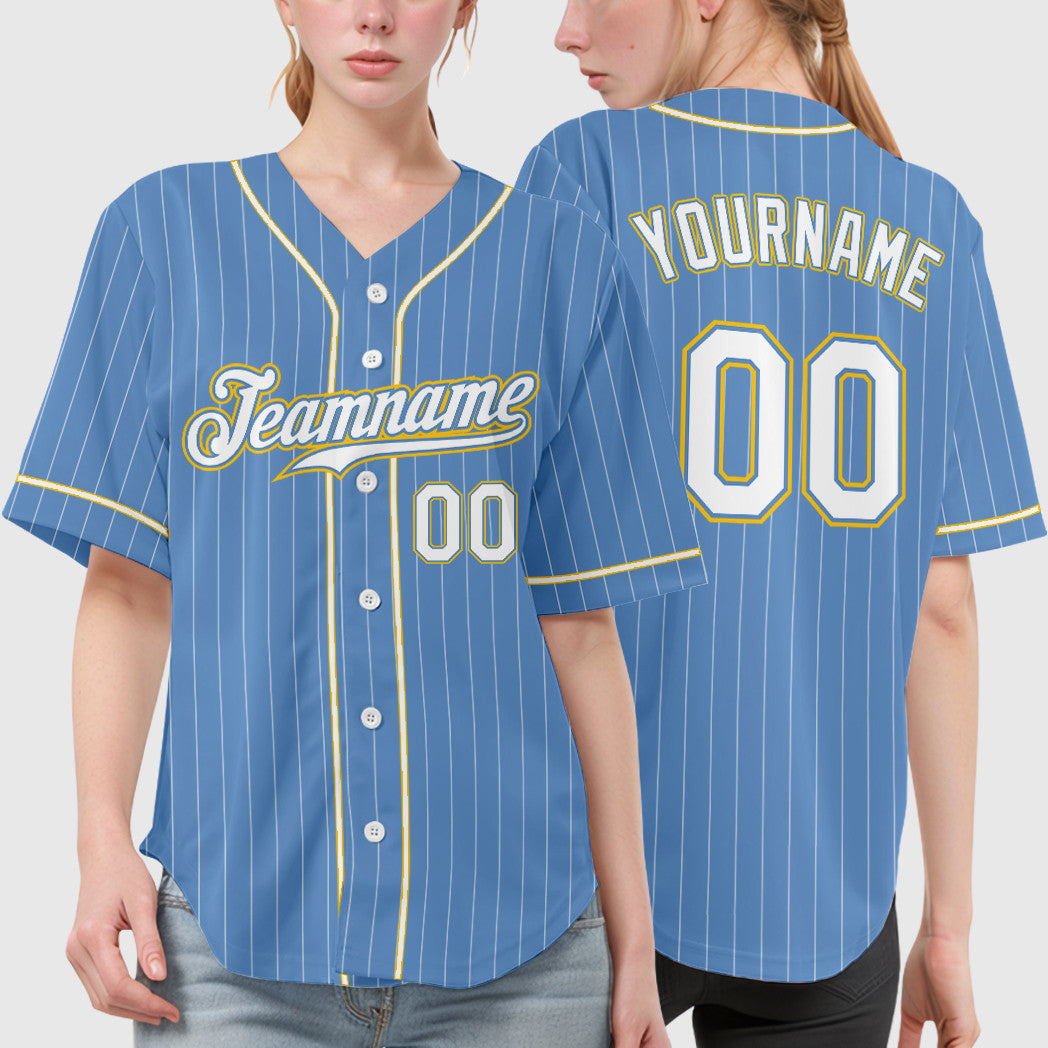 Custom Light Blue White White-Gold Piping Pinstripe Baseball Jersey
