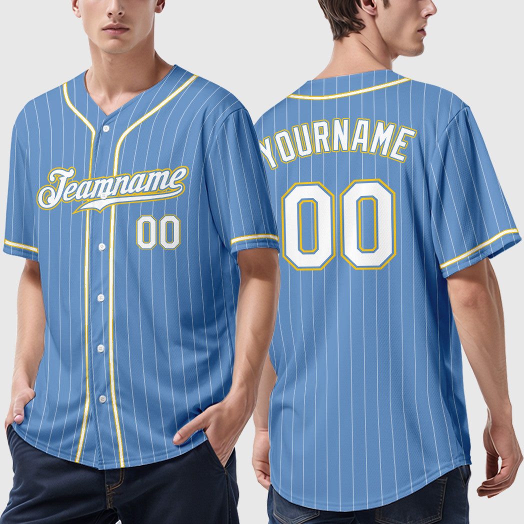 Custom Light Blue White White-Gold Piping Pinstripe Baseball Jersey