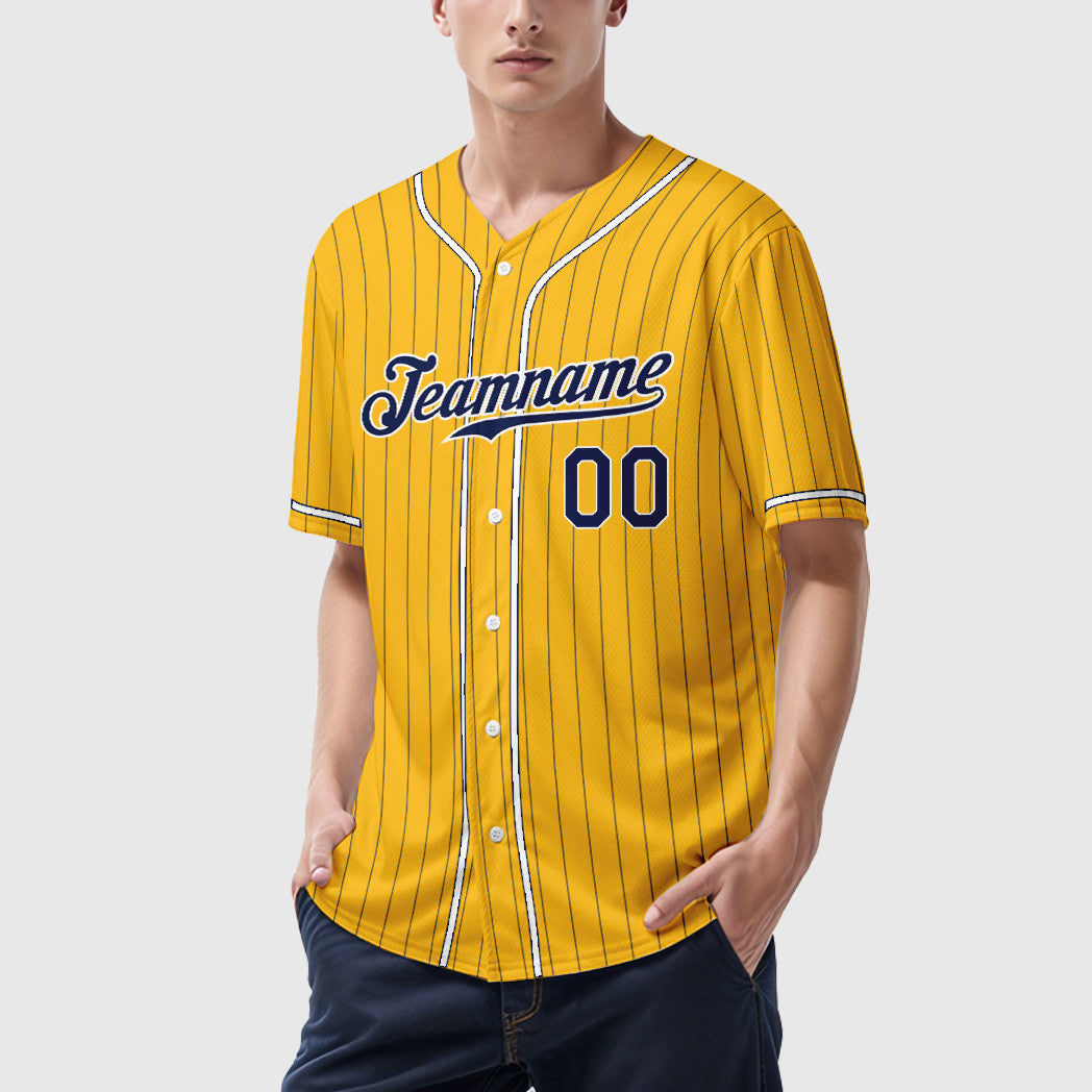 Custom Gold Navy Navy-White Piping Pinstripe Baseball Jersey